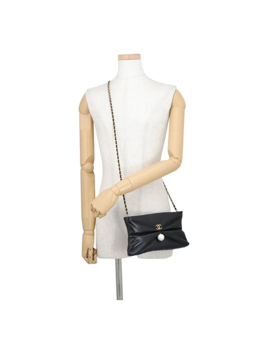 Chanel Chain Shoulder Bag CC Logo Clutch Faux Pearl Shiny Lambskin 2-Way Black